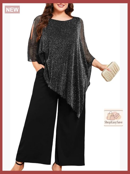 Pants - Plus Size Mother of Bride Pant Suit 2 Piece Asymmetric Cape Set Dressy Wedding
